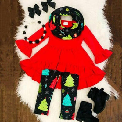 

Toddler Baby Kids Girls Christmas Cotton Tops Dress Long Pants Scarf Outfits Set