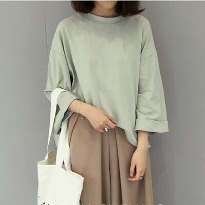 

ROPALIA Autumn Fashion New O-Neck Split Fork Seven-Point Sleeve Solid Color Korean Version Of Loose T-Shirt