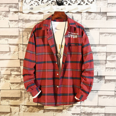 

Toponeto Men Casual Autumn&Winter Plaid Letter Printed Long Sleeve Shirt Loose Blouse