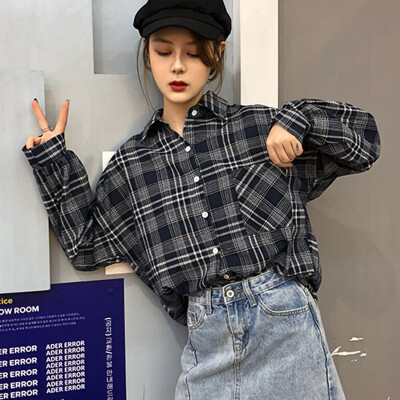 

Woman Vintage Plaid Shirt Single Breasted Turn down Collar Autumn Long Sleeve Button Retro Blouses Fall Clothes Tops