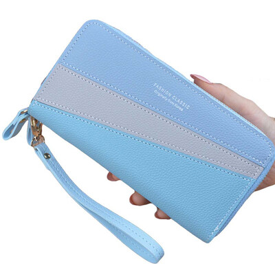 

Women Color Block Double Zipper Long Wallet Faux Leather Money Card Holder Purse