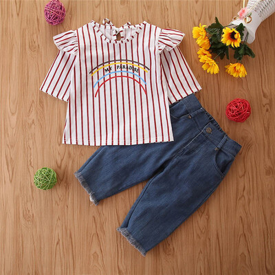 

Casual Autumn Baby Girl Long Flare Sleeve Stripe Rainbow Print Blouse TopsDenim Pants Casual Costume Set