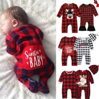 

My 1st Christmas Baby Boy Girl Plaided Romper Bodysuit Jumpsuit Clothes Outfit