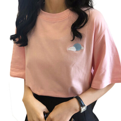 

Women Weather Pattern Embroidered T-Shirt Short Sleeve O Neck Loose Tee Top