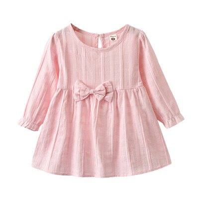 

Baby Girls Autumn Long Flare Sleeve Solid Print Dress With Bowknot Kids Princess Pageant Dresses 0-6y