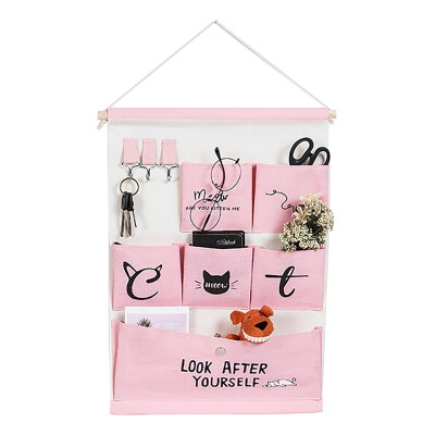 

Six Pockets Multi-function Linen Fabric Wall Door Hanging Storage Case Organizer Pockets Bag With Kitten Patterns