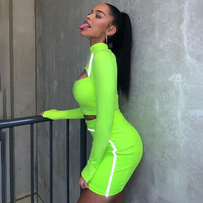 

Sexy Women Autumn Two Piece Set Hollow Out Top Solid Color Half Collar Long Sleeve Reflective Stripe Mini Nightclub Skirt