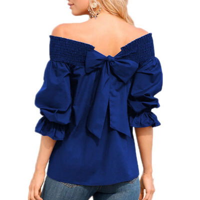 

New 2018 Sexy Off Shoulder Summer Strapless Women Blouse Half Sleeve Bowknot Tops Slash Neck Shirts Casual Loose Blusas -XL