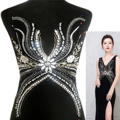 

High-end 3D Black Silver Lace Applique Rhinestones Beaded Patch Sewing for Dress Women Evening Gowns V Neckline Decoration