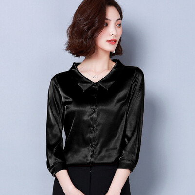 

Women Lapel Silk Temperament Blouse Solid Color Loose Autumn Vintage Cropped Sleeve Casual Bottoming Womens Tops And Blouses New