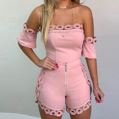 

Women Two Piece Streetwear Hollow Out Lace Detail Off Shoulder Short Sleeve Set