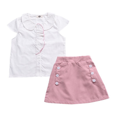 

2PCs Girls Uniform Newborn Kid Baby Girls Clothes Sets Tops Doll Collar T-shirt Short Mini Skirt Party Wedding Tutu Dress