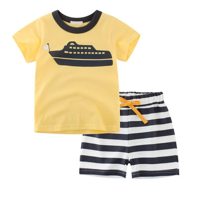 

Kids Boys Casual Short Sleeve Outfits Sets Cartoon Car Aircraft Printed Tops T-shirt Stripe Shorts 2PCS
