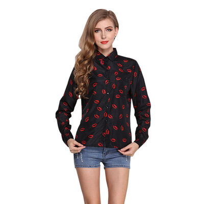 

Turn-Down Collar Womens Shirt Casual Lip Print Long Sleeve Tops&Blouse Slim Blouses Summer Blus Top Women Clothing