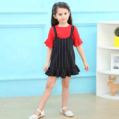 

Summer Baby Girl Flare Sleeve Solid Pattern Cotton T-shirt Blouse Mini Stripe Strap Skirts Casual Outfits Set