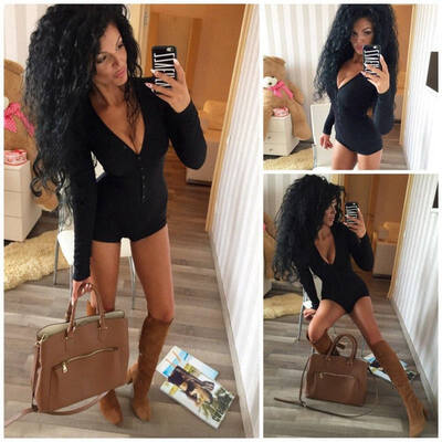 

Women Sexy V Neck Cotton Bodysuit Long Sleeve Autumn Clothing Wear Sexy Slim Short Cotton Knitted Bodycon Bandage Jumpsuit