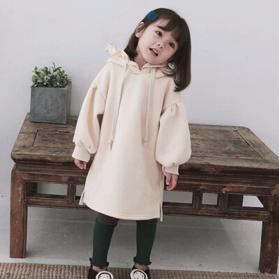 

Baby Hoodies Dress Toddler Baby Fleece Solid Ruched Thick Warm Pullover Lantern Sleeve Clothes 2Colors Kids Sweatshirt