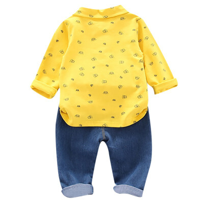 

Autumn Shirt Trouser Set Children Baby Boys Casual Long Sleeve Crown Pattern Shirt TopsDenim Pants Set