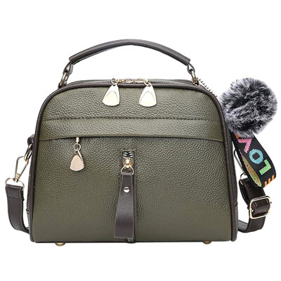

Women Casual Plush Ball Zip Solid Color Faux Leather Shoulder Bag Handbag Pouch
