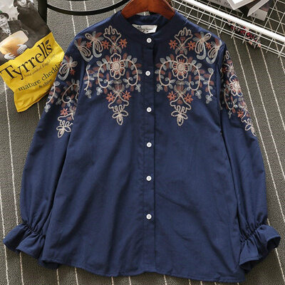 

Korean Style Fashion Embroidery Women Blouses Shirts Spring Casual Lantern Sleeve Stand Collar Blouse Tops Female Clothing