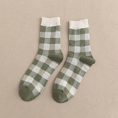 

New Fashion Cotton Socks College Style Ladies Plaid Colorblock Tube Socks