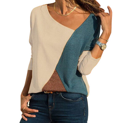 

Womens Stitching Contrast Color T-shirt Round Neck Long-sleeved 2019 Hot Sale Casual New T-shirt