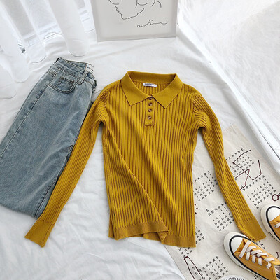 

Female Knit Tops New Fashion Button Turn down Sweater Women Spring Autumn Solid Knitted Pullover femme Slim Soft Jumper Sweater