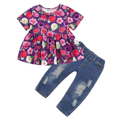 

Pullover Floral Summer Baby Toddler Girl Short Sleeve Floral Print T-shirt Blouse Tops Denim Trousers Pants Casual Outfits