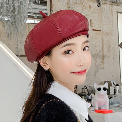 

Korean autumn&winter new bud hat female black beret PU Leather Vintage pumpkin painter hat wholesale