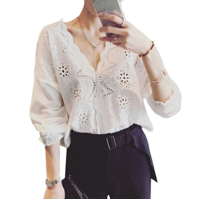 

women Blouses Shirt White Half Sleeve Streetwear Hollow Out Lace Top Fashion Crochet Lace Summer Blouse Vintage tee for female