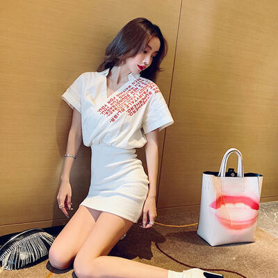 

Elegant Women Dress Summer V-Neck Short Sleeve Dress Letter Print Long Dresses Loose Mid-length Casual Slim Dress