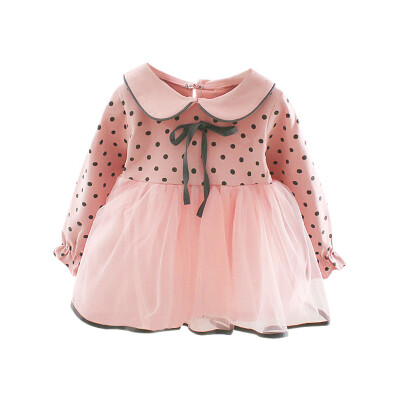 

Autumn Children Dot Pattern Dresses Kids Long-sleeve Girls Dress Sweet Lovely Mesh Stitching Bow Decoration Dress