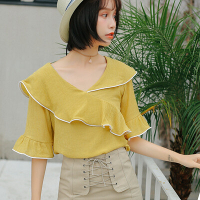 

Womens Ear Edge Fold V Collar Lotus Leaf Chiffon Shirt 34 Sleeve Slim Can Tops For Ladies