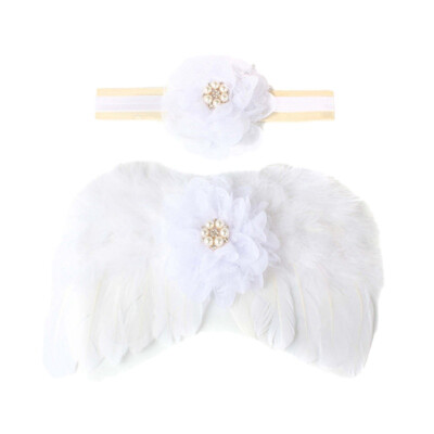 

Newborn Baby Angel Feather Wing With Lace Flower Headband Set Photo Props Outfit Costume