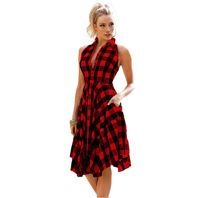 

Plaid Shirt Dress Leisure Vintage Dresses Summer Women Sleeveless Casual Button Dress Knee-Length Robe