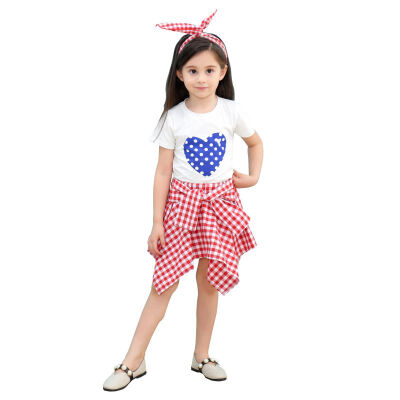 

Girls clothes Childrens Heart T-shirt Plaid Skirt Set