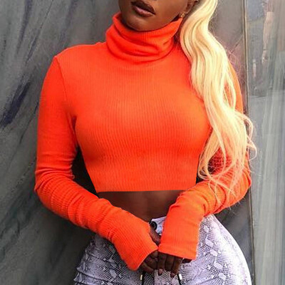 

Tailored Women Fashion Solid Fluorescent Turtleneck Slim Long Sleeve Short Blouse Tops