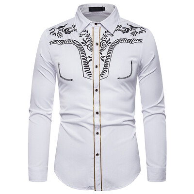 

Tailored Mens Leisure Fashion Embroidery Printing Lapel Long Sleeve Shirt Top Blouse