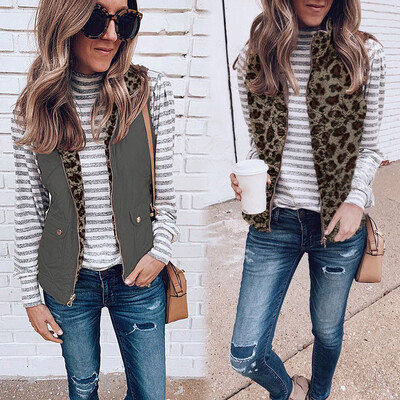 

Toponeto Women Leopard Two Wear Sleeveless Pullover Blouse Open Front Jacket Coat Outwear