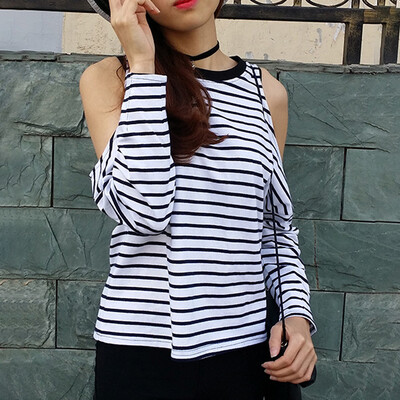 

Women Cold Shoulder Stripe O-neck Tops Long Sleeve Blouse Baggy Casual T-Shirt