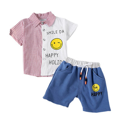 

Summer Baby Boys Clothes Short Sleeve Smile Print Tops Blouse ShirtsShorts Casual Outfits Striped Baby Clothing Sets