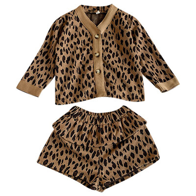 

New Autumn Baby Girl Clothes 1-7T Baby Set Leopard Printed Long Sleeve Round Collar Casual Tops Short