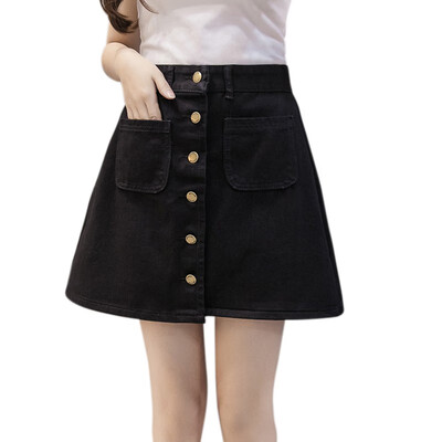 

New harajuku summer Womens ladies A-line Pencil Jeans Skirt Front Button High Waist Denim small pockets Skirt black white
