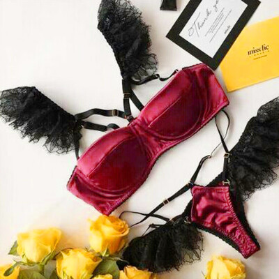

Gobestart Sexy Lady Lace Flower Bra No Steel Ring Gathered Bra Thong Set Underwear Pajamas