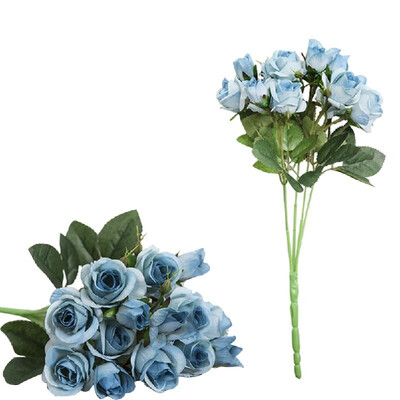 

One Branch Artificial Rose 15 Heads Simulation Faux Flowers Wedding Office Room Decoration Blue