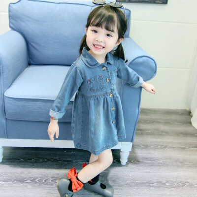 

Baby Kids Denim Dress 1-6T Children Summer Girls Cute Denim Solid Color Lapel Long Sleeve Sweet Princess Dress