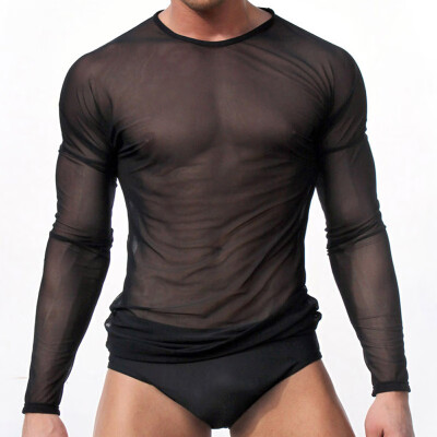 

Mens Long Sleeve Fishnet Transparent Mesh Sheer T-shirt Black White Muscle Tops