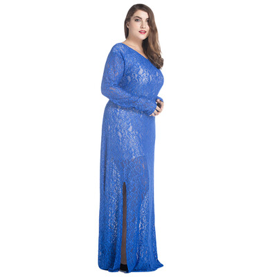 

Women Plus Size Lace Maxi Dress V-Neck Full Sleeve Lined Evening Party Solid Long Dress