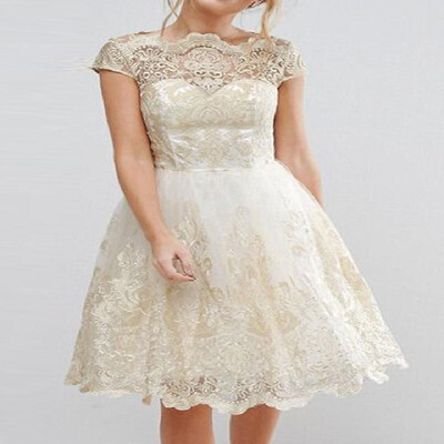 

Stretch Gauze Embroidery Corset Overlay Eyelets Hem Skater Dress