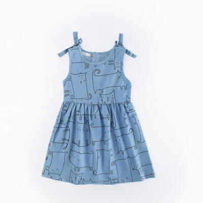 

Cute Cartoon Cat Print Denim Cotton Dress Bowknot Strap Summer Sleeveless Dress Casual Sundress